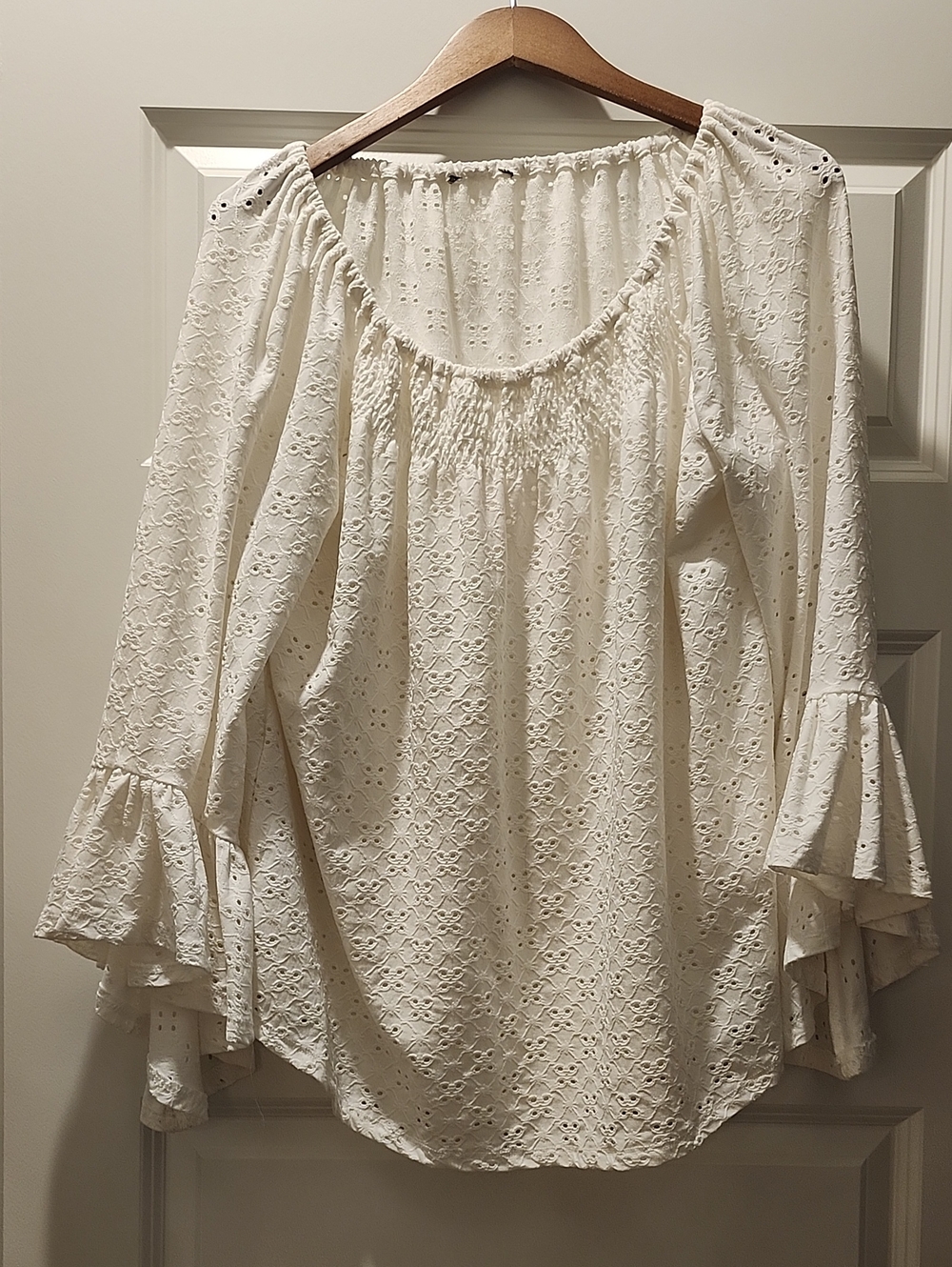 Women’s Ivory Eyelet Peasant Blouse - Smocked Neck, Ruffle Bell Sleeves Size 2X